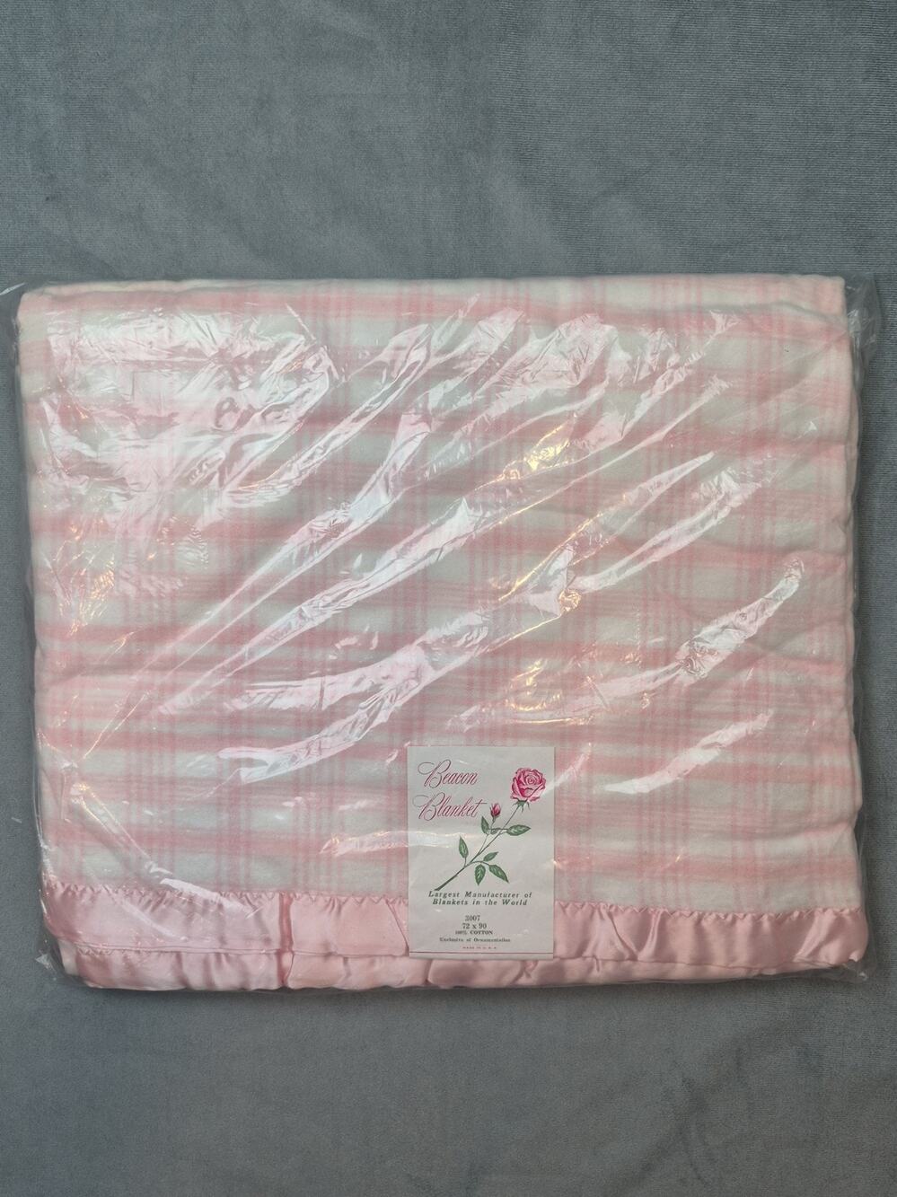 Vintage Beacon Blanket Pink Plaid 100% Cotton & Satin Trim Kidcore 72x90 USA NEW